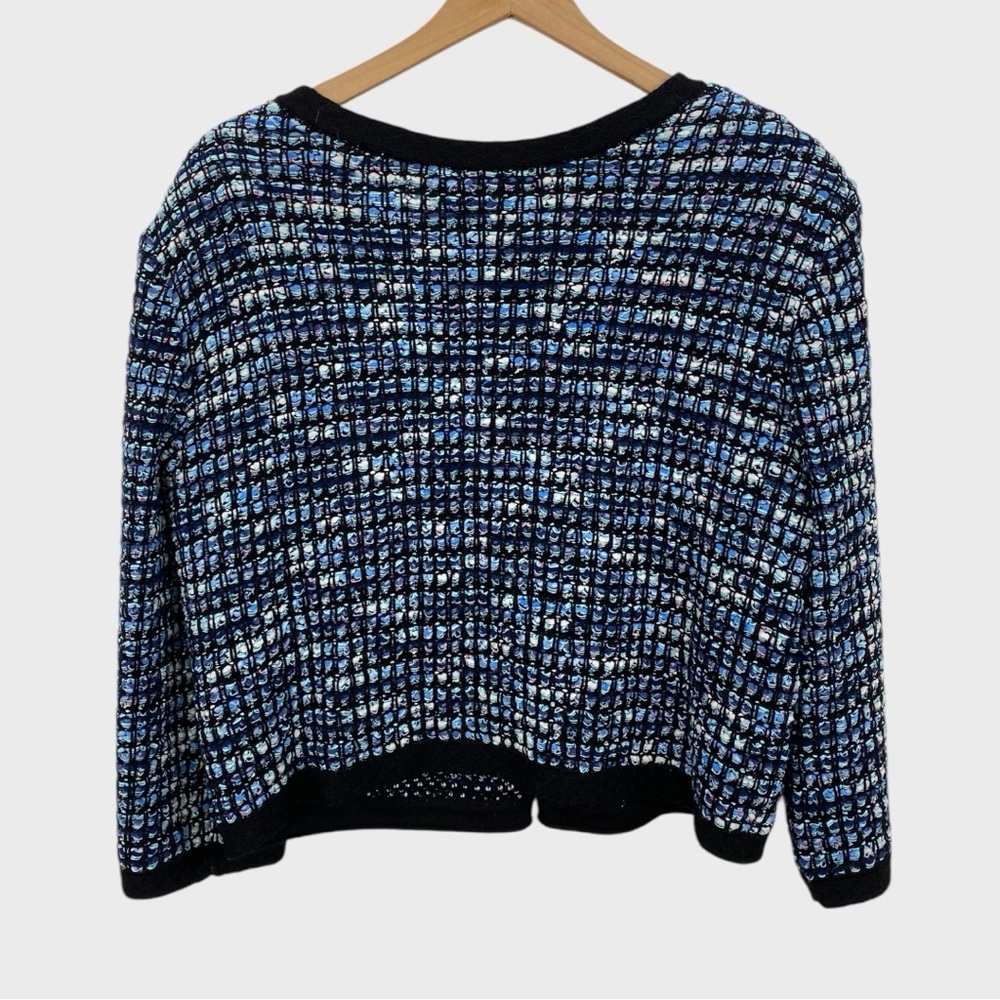 St. John Blue Black White Boucle Knit Open Front Jacket Size 18 - Picture 4 of 6